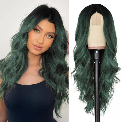 Miniatura 26 de NAYOO Pelucas marrones con flequillo para mujer, pelucas de cabello largo y ondulado, resistentes al calor, pelucas de fibra sintética para uso