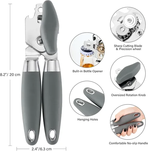 Miniatura 2 de TJ POP - Abrelatas manual, abrelatas de mano resistente, borde liso, perilla de fácil giro, con abrebotellas, utensilios de cocina, color gris