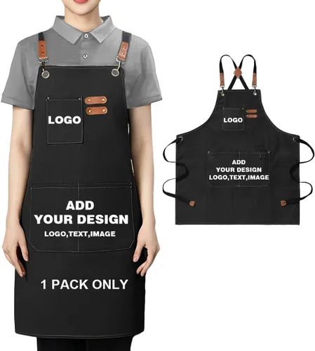 Miniatura 12 de Delantal personalizado para hombres y mujeres, delantales de lona de cocina personalizados con bolsillos, nombre, texto, logotipo, imagen Negro-1