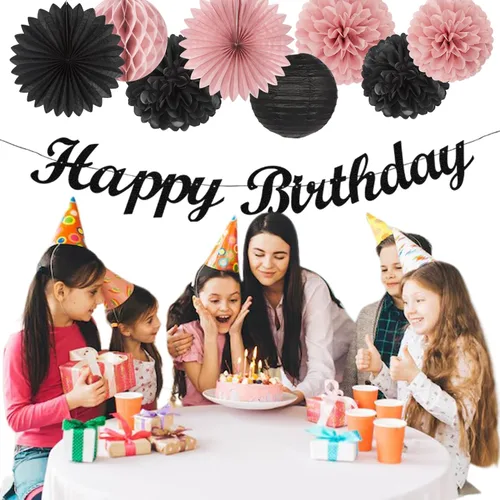 Miniatura 6 de Cartel de feliz cumpleaños rosa y negro para decoración de fiesta – 31 piezas de oro rosa 14º 40º para mujeres y niñas, faroles de papel