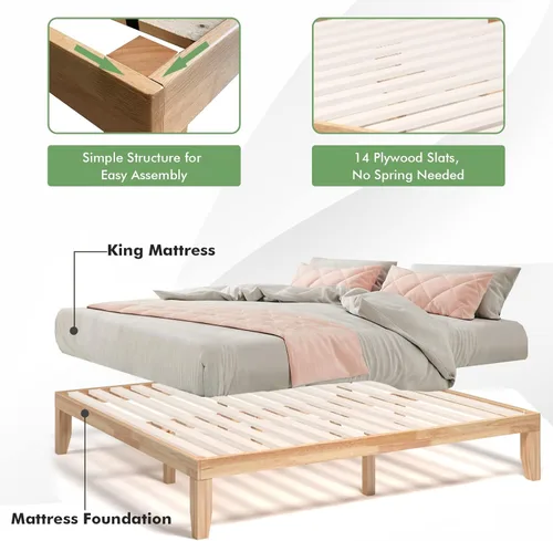 Miniatura 6 de COSTWAY Base de cama de plataforma de tamaño individual, base de colchón de madera de goma maciza de 14 pulgadas con soporte de listones
