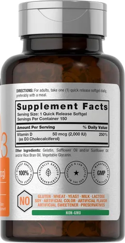 Miniatura 2 de Horbaach Vitamina D3 2000IU cápsulas blandas 150 unidades 50 mcg colecalciferol Suplemento sin OMG y sin gluten