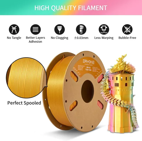 Miniatura 5 de ERYONE Filamento de ácido poliláctico (PLA) de seda tricolor para impresora 3D, de 1.75 mm +/- 0.03 mm, carrete de cartón de 1 kg (2.2 libras)