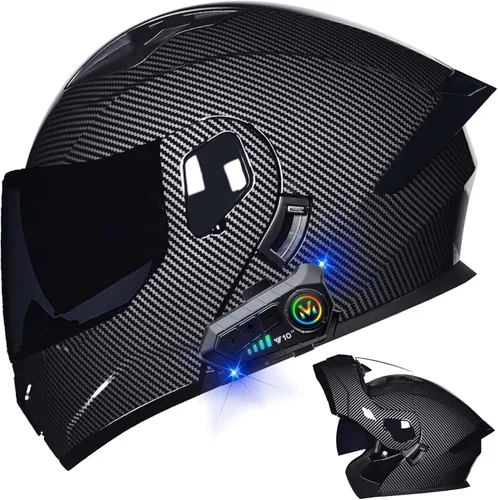 Miniatura 24 de Casco modular Bluetooth para motocicleta, aprobado por DOT, de cara completa, abatible, antivaho, doble visera, casco de motocicleta de calle, LENTE