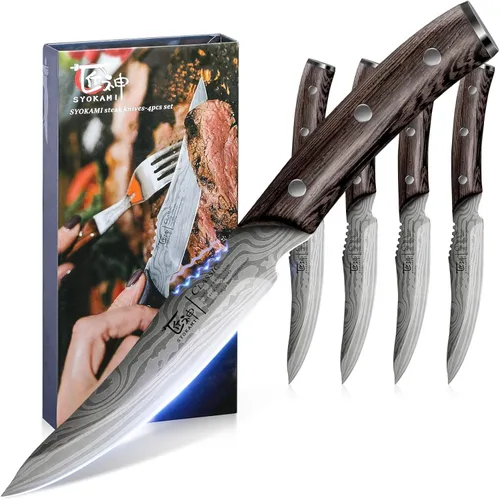 Miniatura 10 de SYOKAMI Juego de 2 cuchillos para carne, 4.8 pulgadas, estilo japonés de alta gama, filo fino con mango de madera, diseño de espiga completa