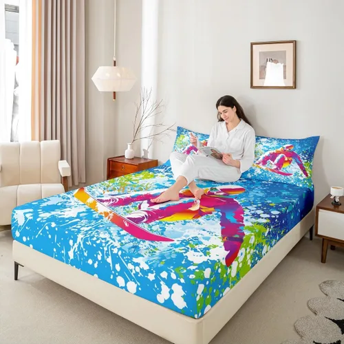 Miniatura 2 de Juego de ropa de cama de esquí, tamaño individual, con dibujos animados, esquí, esquí, snowboard, sábana bajera ajustable de 2 piezas con estampado