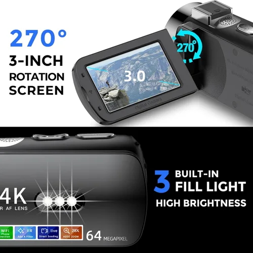 Miniatura 5 de Cámara de Video 4K Videocámara Ultra HD 64MP para Vlogging de YouTube Zoom Digital de 28X Pantalla con Rotación de 270° Cámara Vlog de 3.0