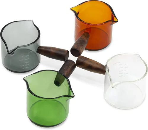 Miniatura 7 de Vaso de chupito color ámbar de 3.5 onzas, doble boquilla con mango de nogal americano, taza medidora de vidrio de doble boquilla, jarra de espuma