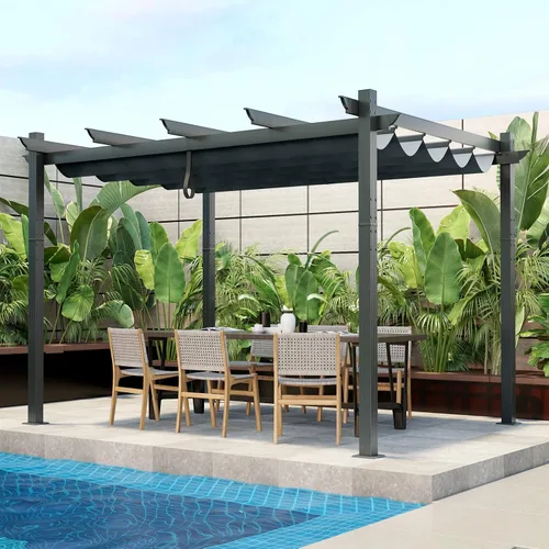 Miniatura 11 de Tangkula Pérgola para exteriores de 10 x 13 pies con toldo retráctil, pabellón de aluminio resistente para patio, terraza, jardín, patio, beige