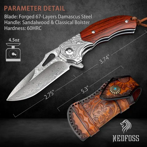 Miniatura 6 de Cuchillo de bolsillo de damasco NedFoss para hombres, cuchillo plegable de damasco de acero VG10 forjado a mano de 2.75" con funda de cuero retro