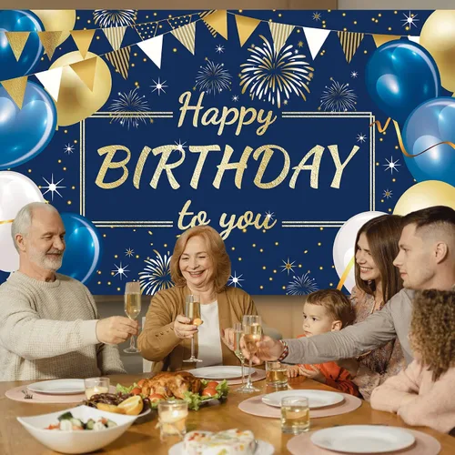 Miniatura 5 de Cartel de fondo de decoración de feliz cumpleaños, fondo de fotos para niños, niñas, hombres y mujeres, 72.8 x 43.3 pulgadas (azul marino y dorado)