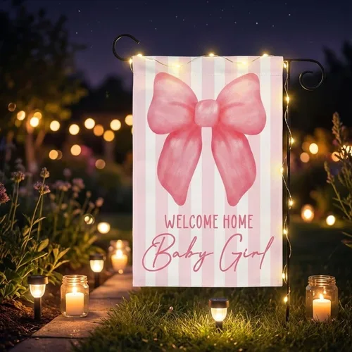 Miniatura 6 de Bandera de jardín de bienvenida a casa de doble cara para bebé, 12 x 18 pulgadas, pancarta rosa para decoración al aire libre, revelación de género