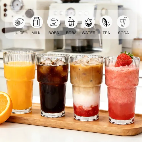 Miniatura 7 de Accguan Vaso de vidrio acanalado de 18 onzas con popote y tapa, taza de vidrio, tazas de café reutilizables con tapas, vasos de vidrio con tapas