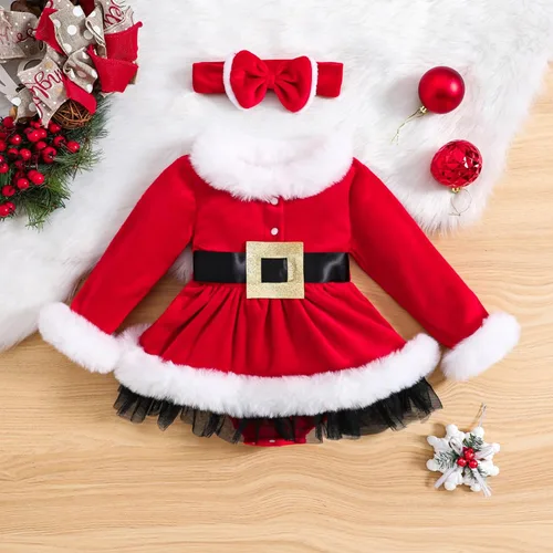 Miniatura 9 de WASAIGOOD Mameluco de Navidad para bebé niña, vestido de manga larga con ribete de piel, traje de terciopelo para Navidad, enterizo de invierno