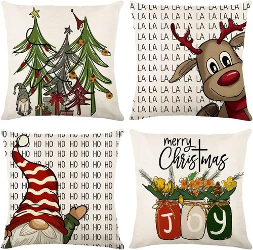 Miniatura 15 de OTOSTAR Juego de 4 fundas de almohada de Navidad de 45.7 x 45.7 cm, decoración navideña de granja, fundas de almohada de Navidad Joy Xmas Tree Let
