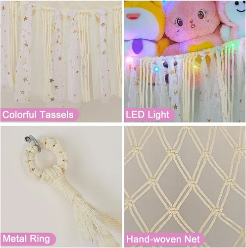 Miniatura 5 de FIOBEE Red de Animales de Peluche o Hamaca con Luz LED, Hamaca de Juguetes Colgante Organizador de Almacenamiento Soporte para Animales de Peluche