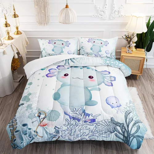 AILONEN Lindo juego de edredón de ajolote tamaño Queen, 3 piezas para niños y niñas, ropa de cama en una bolsa, ropa de cama costera azul turquesa