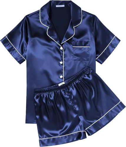 Miniatura 16 de Ekouaer Conjunto de pijama de satén de seda para mujer, suave, de manga corta, con botones, ropa para dormir, camiseta y pantalones cortos, juego