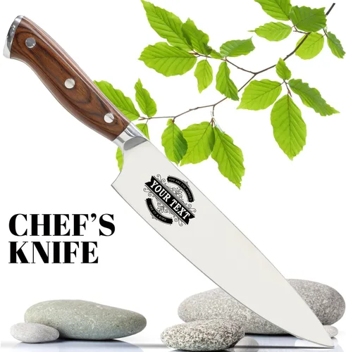 Miniatura 2 de Cuchillo de cocina personalizable de acero inoxidable 5Cr15 Mov de 9 pulgadas con iconos grabados con láser, calidad profesional dorada o negra