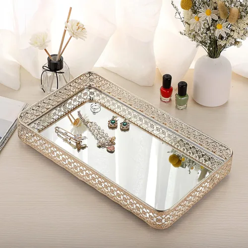 Miniatura 7 de ELLDOO Bandeja Dorada para Perfumes y Maquillaje - Almacenamiento de Joyas con Tallado Hueco, Organizador de Baratijas de Cristal y Metal para Dorado