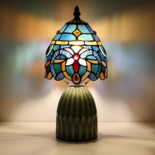 Miniatura 10 de Tiffany Stained Glass Mushroom Table Lamp 12.5 Inch -Blue Peacock Tiffany Lamp,6X6X12.5 Inch,Small Night Light,Ceramic Base, Mini Accent Light