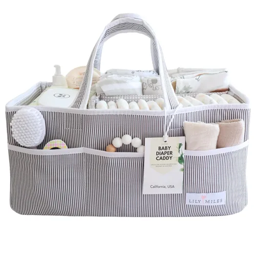 Lily Miles Organizador de pañales para bebé, cesta de regalo para baby shower para niños o niñas recién nacidos, artículos imprescindibles para la