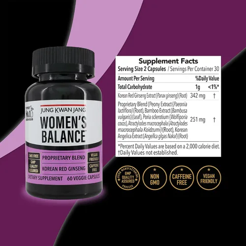 Miniatura 2 de JUNG KWAN JANG Equilibrio femenino con ginseng rojo coreano para nivel de energía, sistema digestivo y suplemento de salud cognitiva, 60 cápsulas