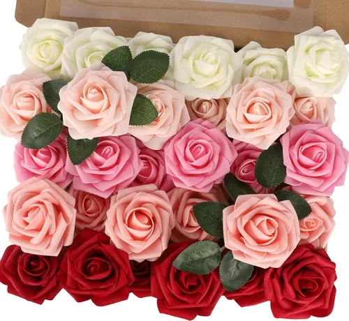 MACTING 30 rosas artificiales de tacto real con tallo de espuma para ramo de boda, arreglos florales, centros de mesa, fiestas, hogar, decoración