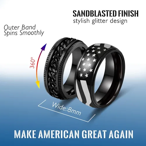 Miniatura 29 de LAOYOU Anillo giratorio para hombre para alivio de la ansiedad 0.315 in de acero inoxidable negro anillo de ansiedad con incrustaciones de cadena