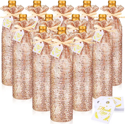 Shappy 12 bolsas de regalo de vino de satén de oro rosa con cordones y etiquetas, fundas para botellas de vino, fundas reutilizables para