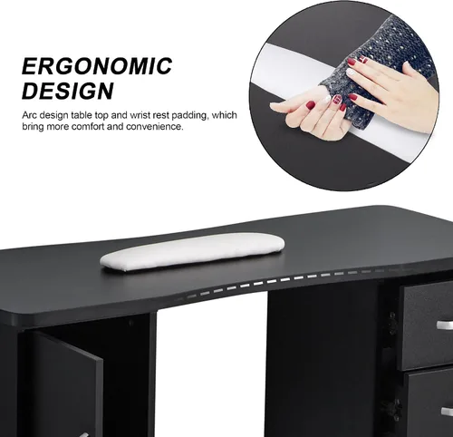 Miniatura 4 de BarberPub Mesa de manicura, escritorio de uñas resistente a la acetona, mesa de uñas con 4 cajones, 2 gabinetes, ruedas bloqueables, almohadilla