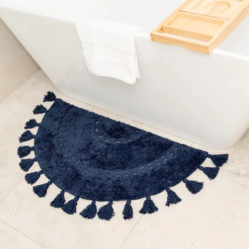 Miniatura 16 de Alfombra bohemia para baño, tapete de algodón medio círculo con inserto de ganchillo y borlas, tapete bohemio decorativo antideslizante para baño