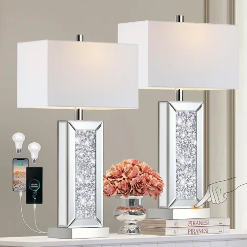 Miniatura 8 de Juego de 2 lámparas de mesa modernas con control táctil, lámpara de noche de espejo plateado con gran cristal de diamante, con puertos USB C+A