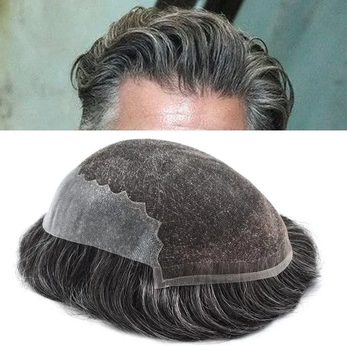 Miniatura 20 de Toupee para hombres, sistema de reemplazo de cabello humano Remy, nudos blanqueados, encaje frontal, piel fina, para hombre, color gris, pelucas