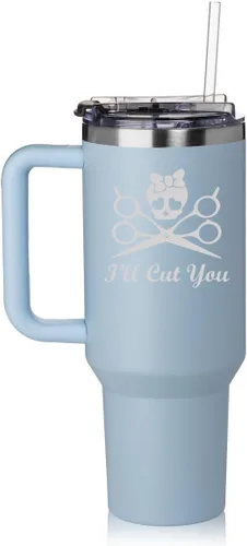 Miniatura 6 de Vaso de 40 onzas con asa y tapa con pajilla, taza de viaje aislada de acero inoxidable, taza de viaje I'll Cut You Hair Dresser Stylist (negro)