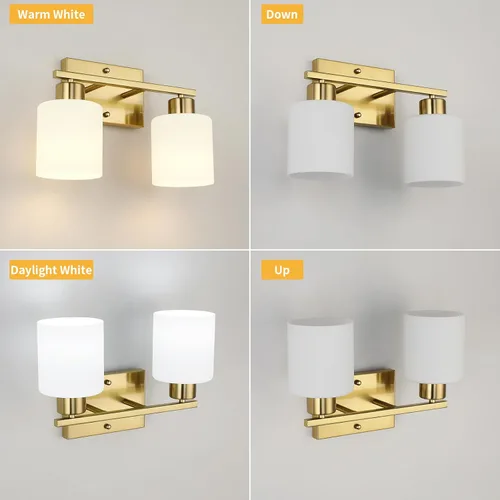 Miniatura 5 de WILON 2 luces doradas cepilladas, accesorios de iluminación de tocador de baño con pantallas de vidrio esmerilado blanco leche, modernas luces