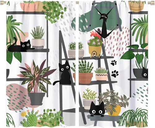 Miniatura 48 de Cortinas de estilo de mediados de siglo, diseño geométrico abstracto moderno, diseño retro, estampado de gato negro, para dormitorio, sala de estar