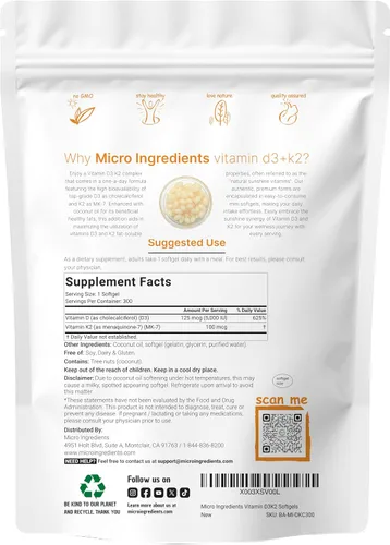 Miniatura 2 de Micro Ingredients Vitamina D3 5,000 UI + K2 MK-7 100 mcg, 300 cápsulas blandas Aceite de coco virgen Apoyo óseo, inmune y cardíaco 2 en 1