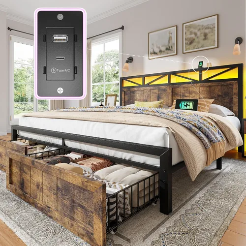 Miniatura 11 de EnHomee Marco de cama King de metal con 2 cajones de almacenamiento, cabecera de madera con iluminación LED y estación de carga, dormitorio, Negro