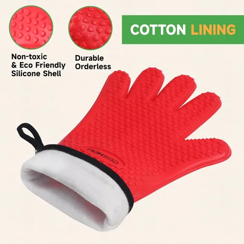Miniatura 6 de GEEKHOM Guantes de Barbacoa Resistentes al Calor Manoplas de Horno - Guantes de Silicona para Parrilla con Protección de Brazo Largo de 14" - Rojo