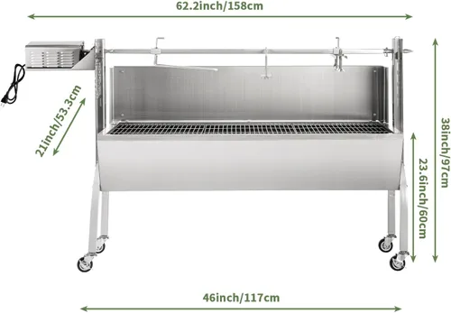Miniatura 4 de Kendane Parrilla con Asador Giratorio a Carbón, Parrillón de Acero Inoxidable de 46 Pulgadas con Cubierta para Cerdo y Cordero, Asador a Carbón