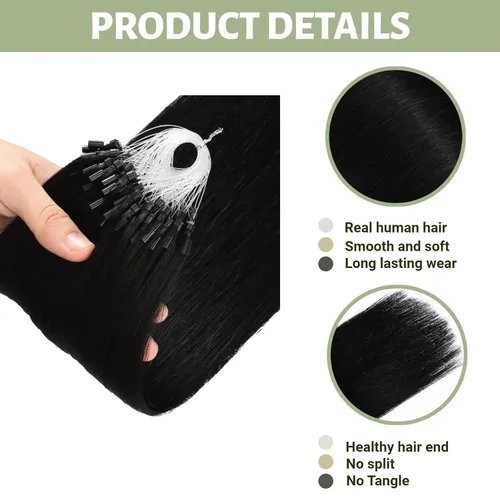 Miniatura 4 de Micro Link - Extensiones de cabello humano Remy virgen con micro anillo, extensiones de cabello humano de 0.02 oz/hebra, 1.76 oz, extensiones de #1