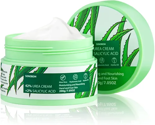 Crema de urea 42 por ciento para pies, 7.0 onzas, 2% ácido salicílico, aloe vera, ácido hialurónico, crema hidratante profundamente para pies secos