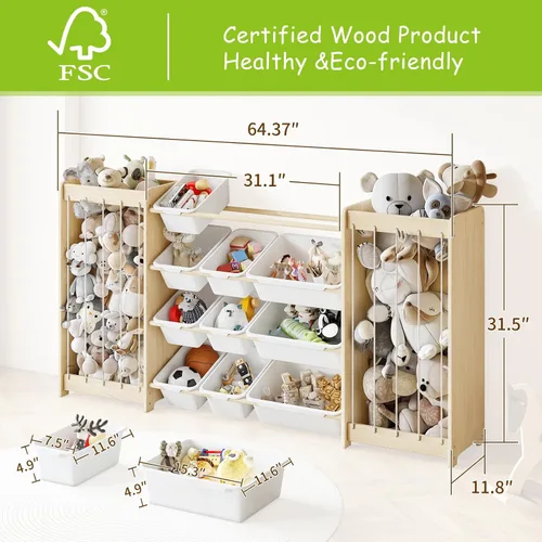 Miniatura 2 de EXPERLAM Organizador grande de almacenamiento de juguetes, almacenamiento de animales de peluche de madera y organizador de juguetes de 12 Blanco