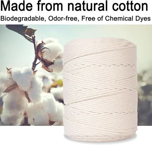 Miniatura 2 de Cuerda de macramé 5 mm x 328 yardas, cuerda de macramé de algodón natural - 4 hilos de cuerda de algodón trenzada para colgar en la pared, ganchos