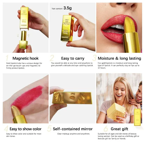 Miniatura 4 de Lápiz labial dorado, terciopelo nude, rojo y rosa, no se mancha, de alto pigmento, no se decolora, suave, de larga duración, taza antiadherente, #1