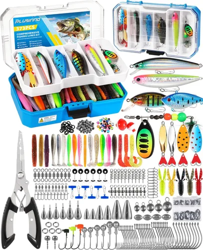 PLUSINNO Caja de aparejos de pesca con aparejos incluidos, kit de señuelos de pesca de 373 piezas con bandeja extraíble, equipo de pesca con