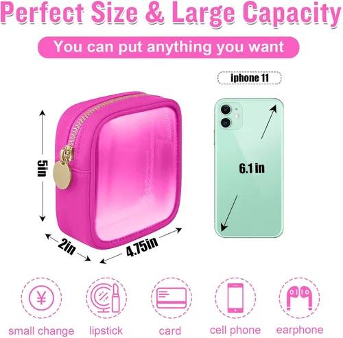 Miniatura 2 de izuzta Bolsa de Maquillaje Pequeña de Nylon, Linda Bolso Preppy, Bolsa de Cosméticos con Cremallera, Rosa fuerte, Mini 2-Rosa fuerte