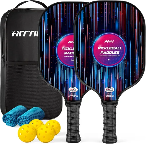 Juego de 2 palas de pickleball de fibra de vidrio para principiantes, raquetas de pickleball aprobadas por USAPA, paquete de 2 con 4 bolas de