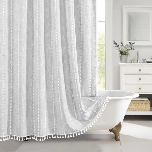 Miniatura 10 de MitoVilla - Juego de cortina de ducha de tela de granja gris, cortinas de ducha de poliéster y lino modernas estilo bohemio para decoración de baño